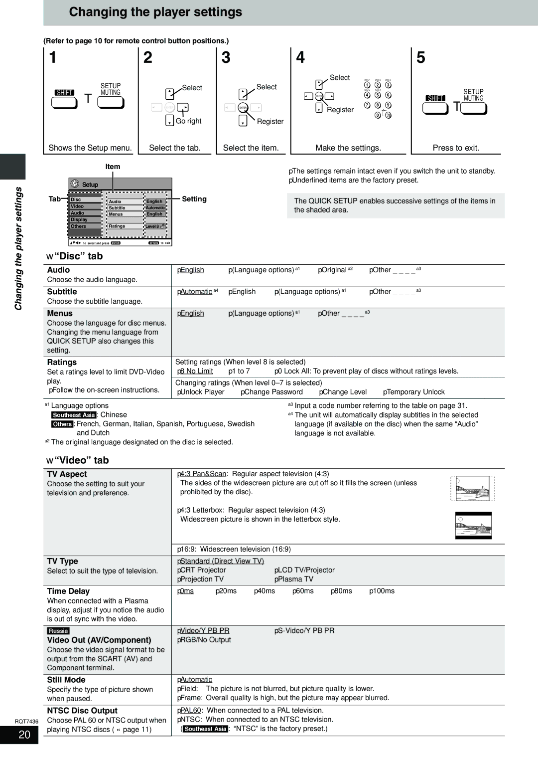 Panasonic SC-HT928 specifications Changing the player settings, Disc tab, Video tab, Player settings 