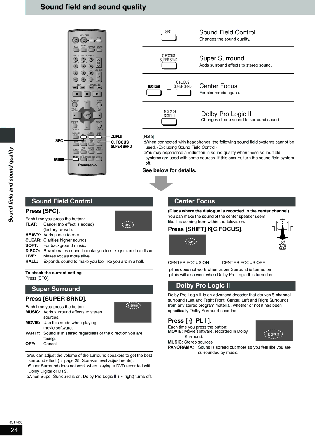 Panasonic SC-HT928 Sound field and sound quality, Sound Field Control, Center Focus, Super Surround, Dolby Pro Logic 