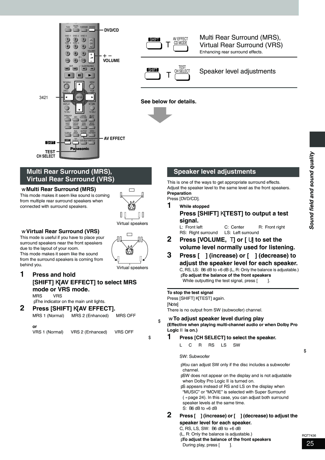 Panasonic SC-HT928 specifications Multi Rear Surround MRS, Virtual Rear Surround VRS, Speaker level adjustments 