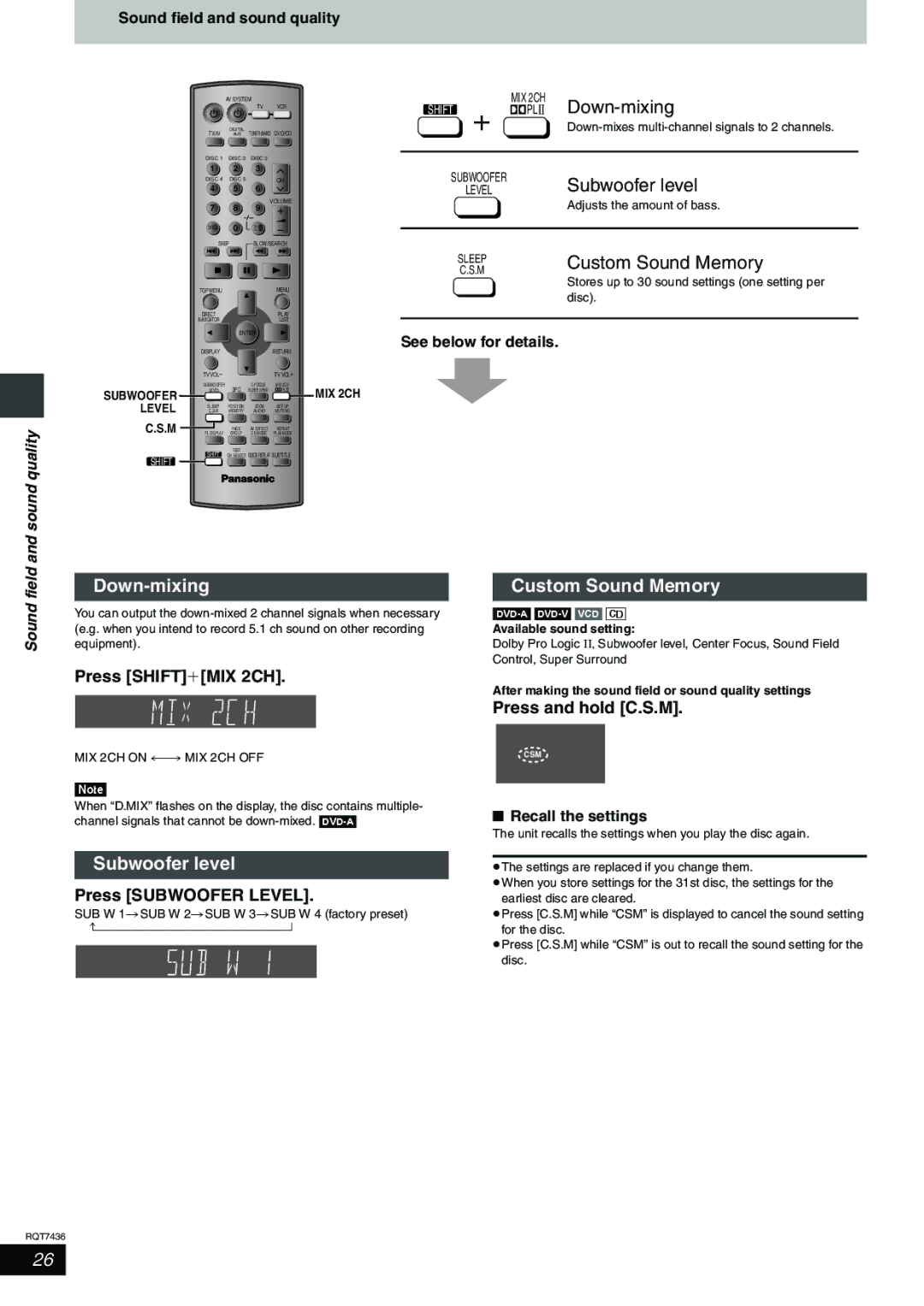 Panasonic SC-HT928 specifications Subwoofer level, Down-mixing Custom Sound Memory 