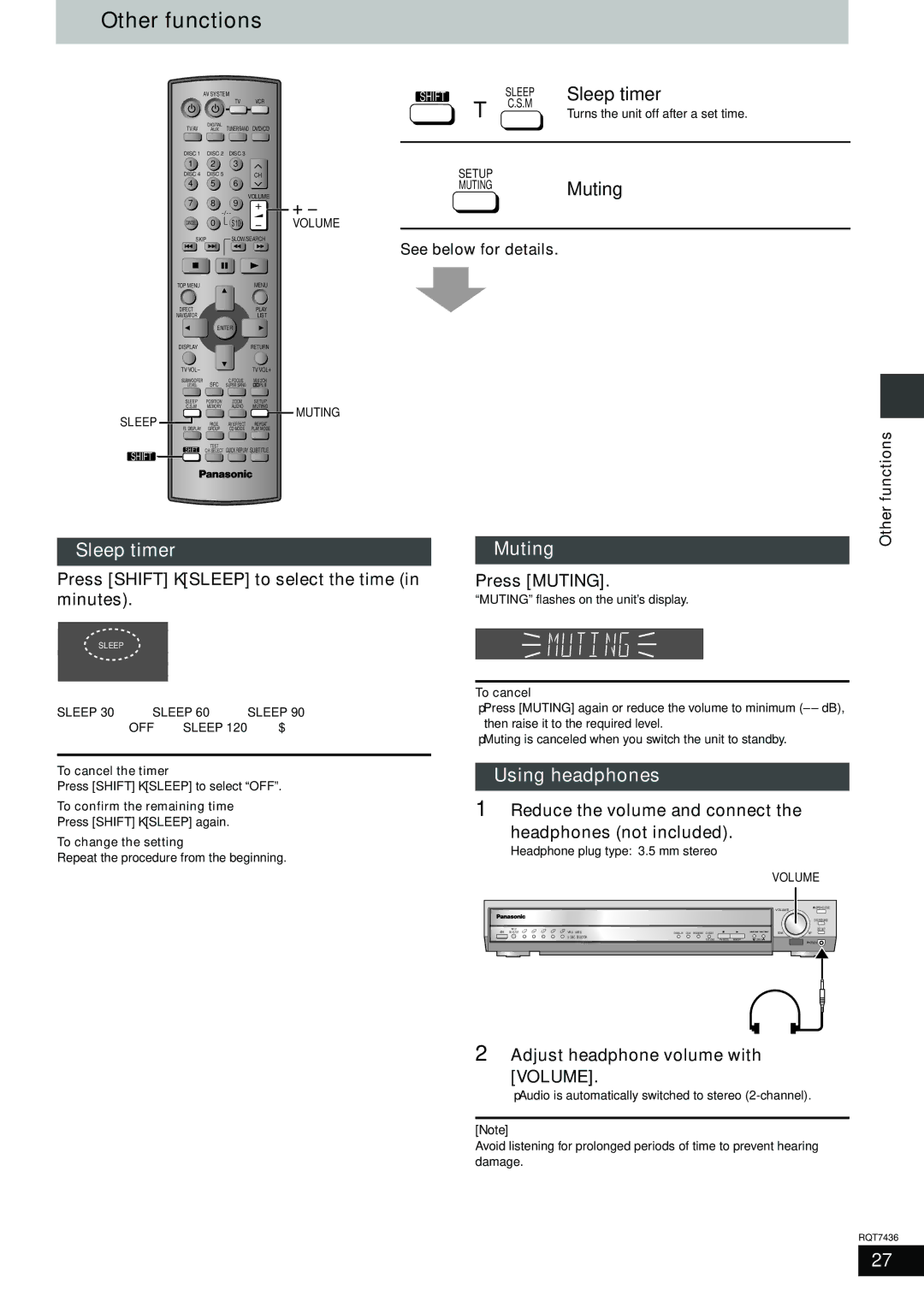 Panasonic SC-HT928 specifications Other functions, Sleep timer, Muting, Using headphones 