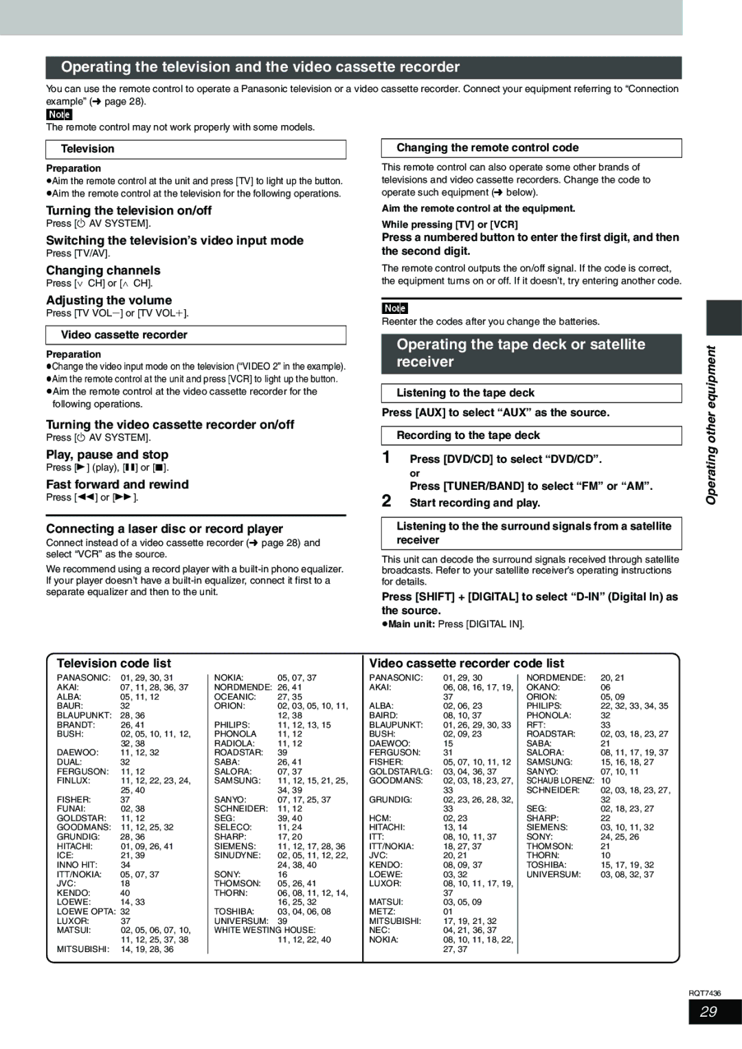 Panasonic SC-HT928 Operating the television and the video cassette recorder, Operating the tape deck or satellite receiver 