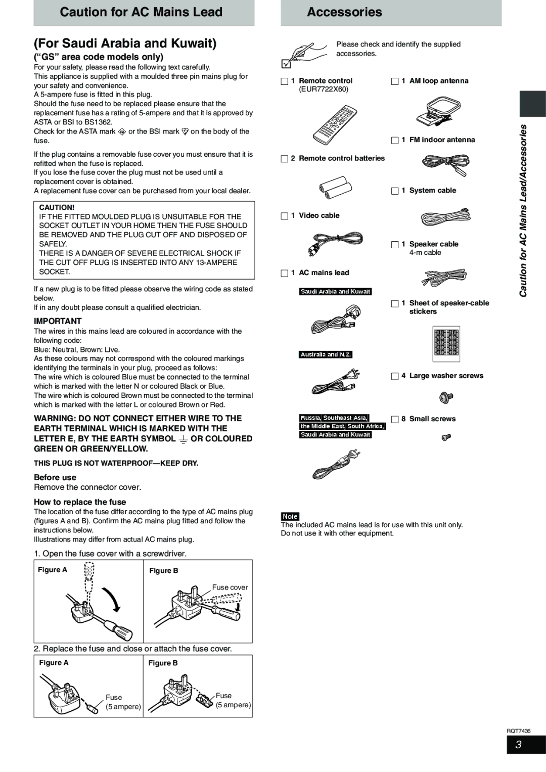 Panasonic SC-HT928 For Saudi Arabia and Kuwait, Accessories, GS area code models only, Before use, How to replace the fuse 