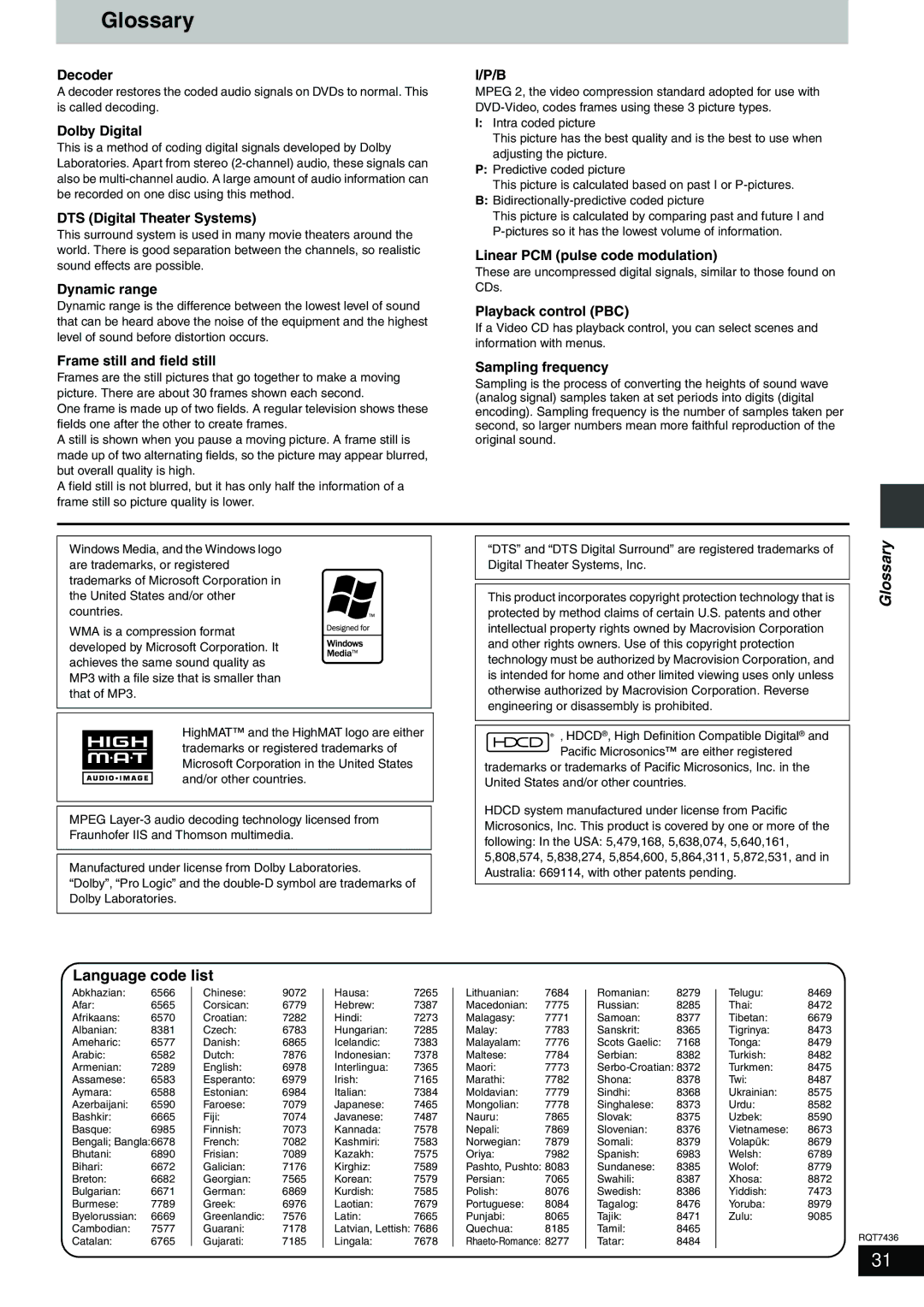 Panasonic SC-HT928 specifications Glossary, Language code list 