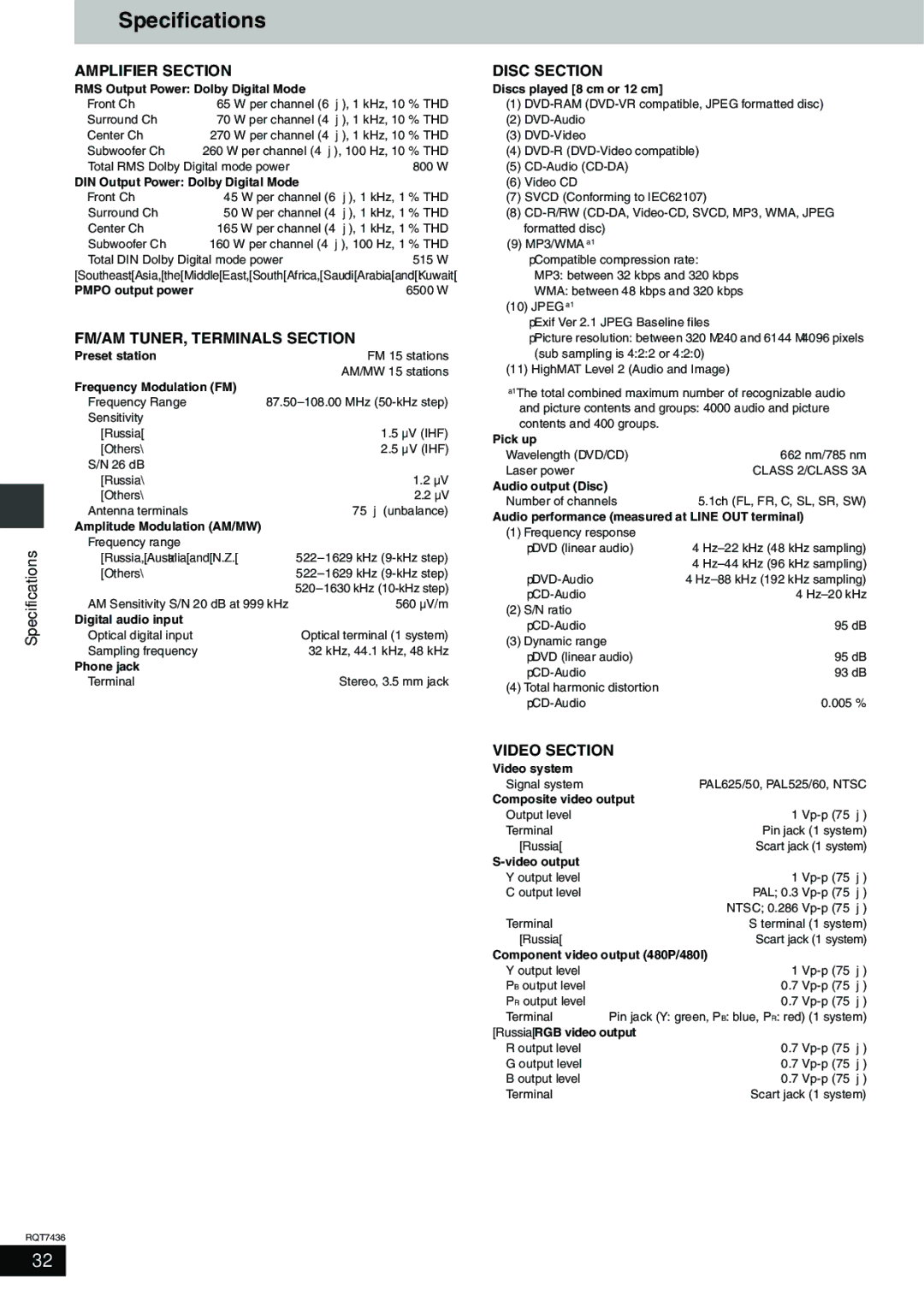 Panasonic SC-HT928 specifications Specifications 