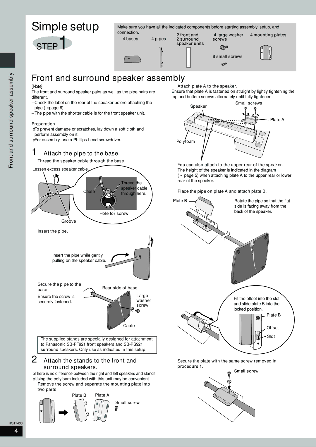 Panasonic SC-HT928 specifications Front and surround speaker assembly, Attach the pipe to the base 