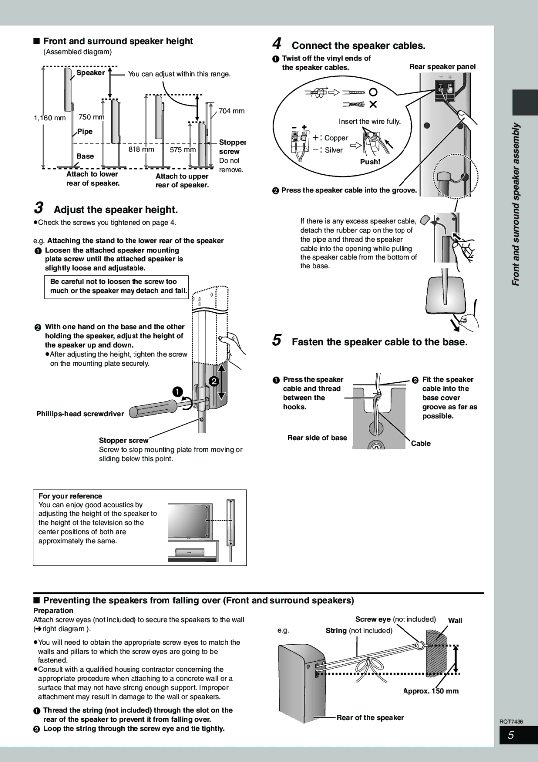 Panasonic SC-HT928 Adjust the speaker height, Connect the speaker cables, Fasten the speaker cable to the base 