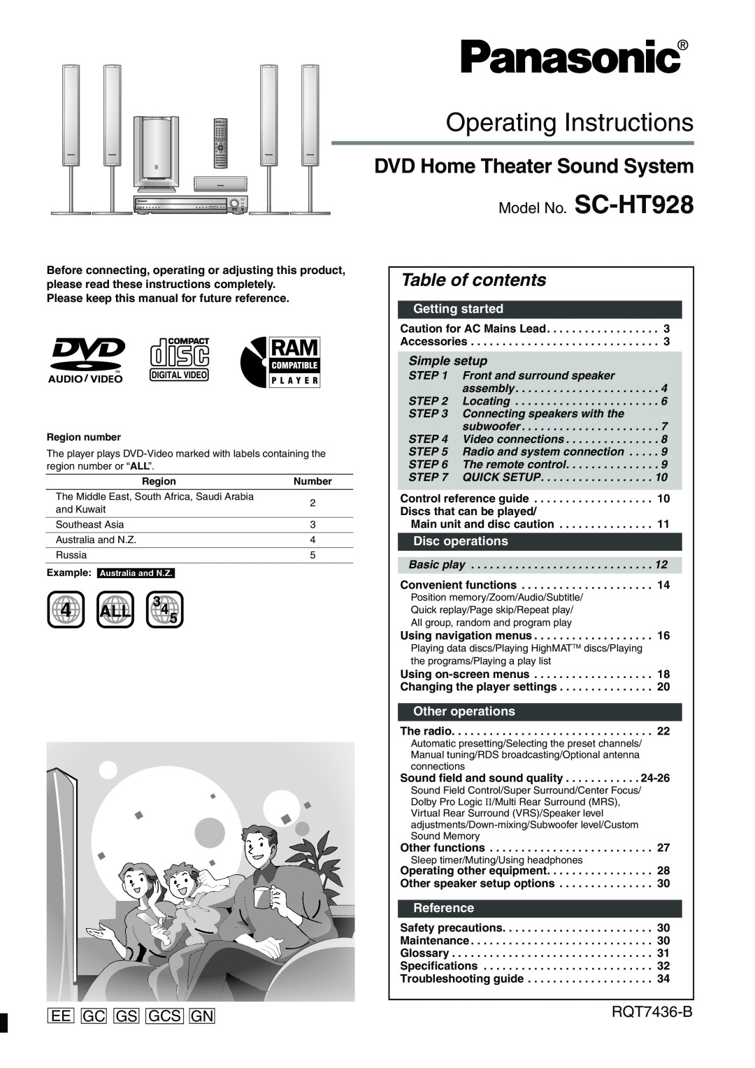 Panasonic specifications Operating Instructions, DVD Home Theater Sound System, Model No. SC-HT928, Ee Gcgsgcs Gn 