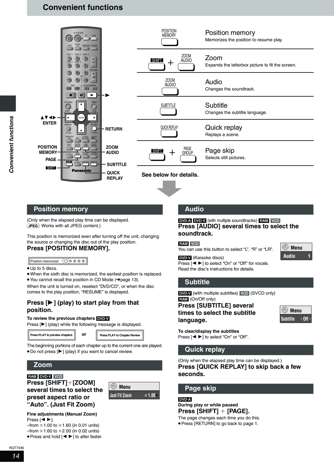 Panasonic SC-HT928 Convenient functions, Position memory, Zoom, Audio, Subtitle, Quick replay, Page skip, Menu, 1.00 
