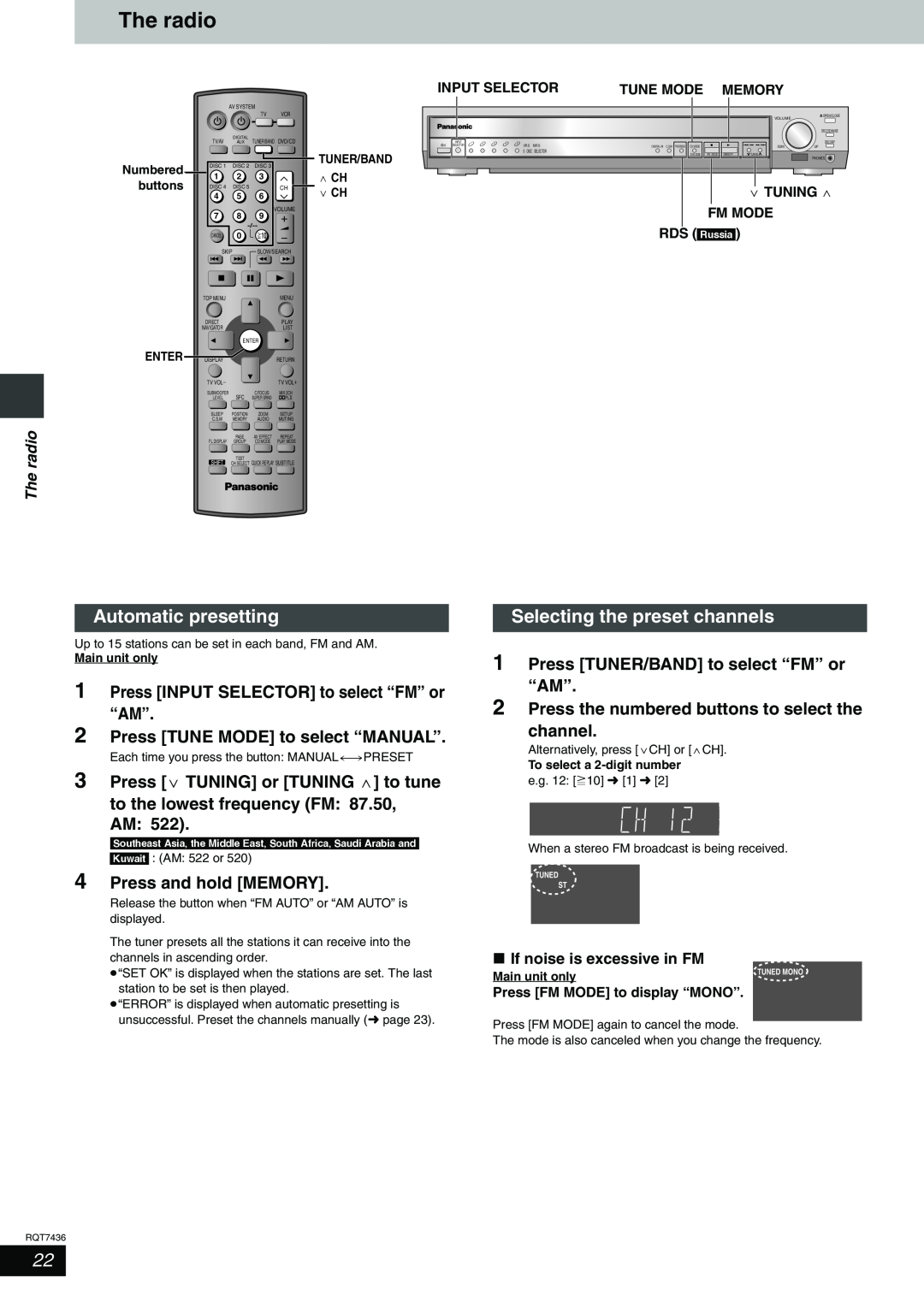 Panasonic SC-HT928 The radio, Automatic presetting, Selecting the preset channels, 2Press TUNE MODE to select “MANUAL” 