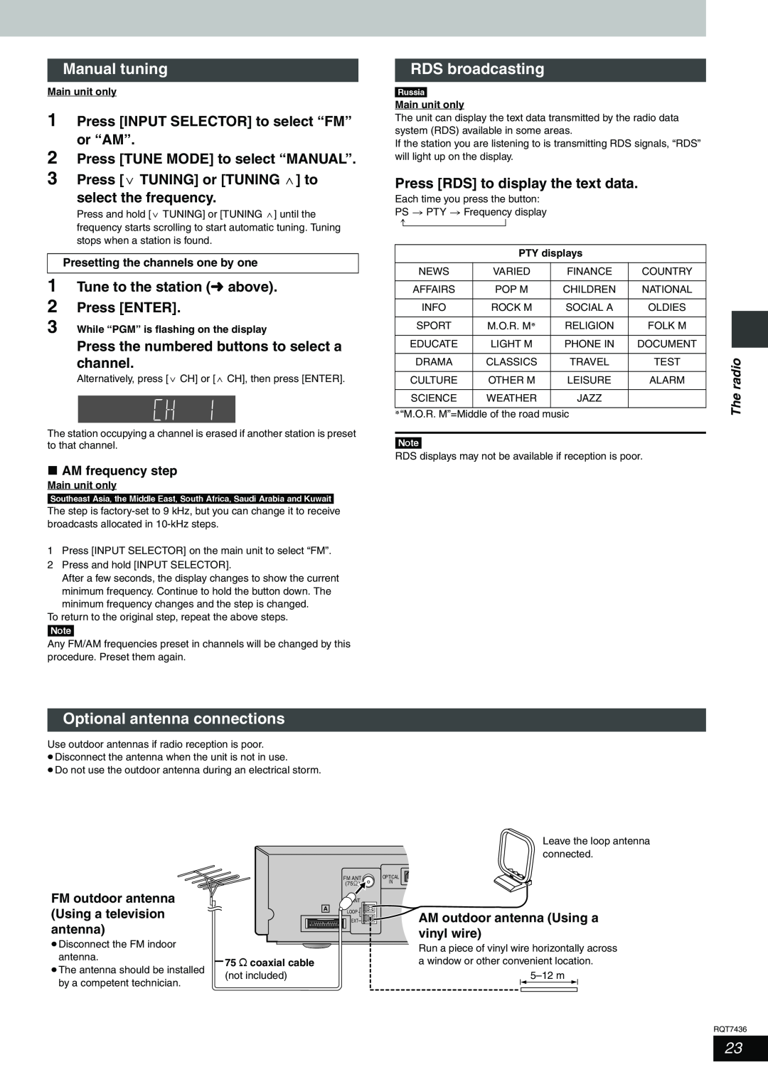Panasonic SC-HT928 Manual tuning, RDS broadcasting, Optional antenna connections, 2Press TUNE MODE to select “MANUAL” 