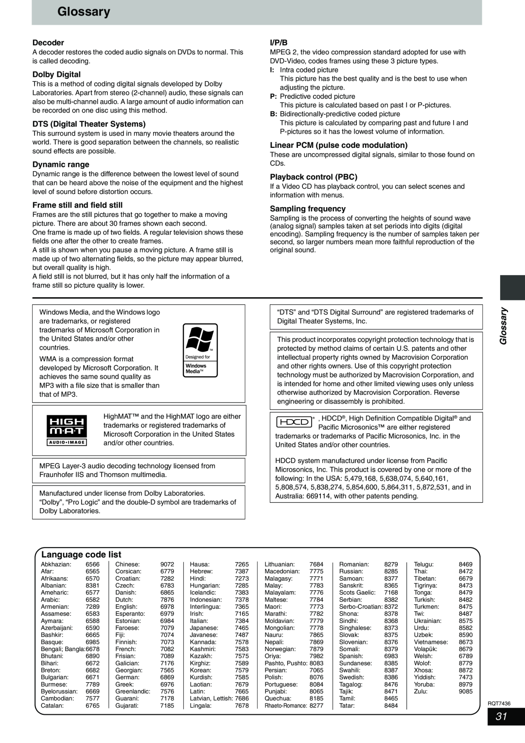 Panasonic SC-HT928 Glossary, Language code list, Decoder, Dolby Digital, DTS Digital Theater Systems, Dynamic range, I/P/B 