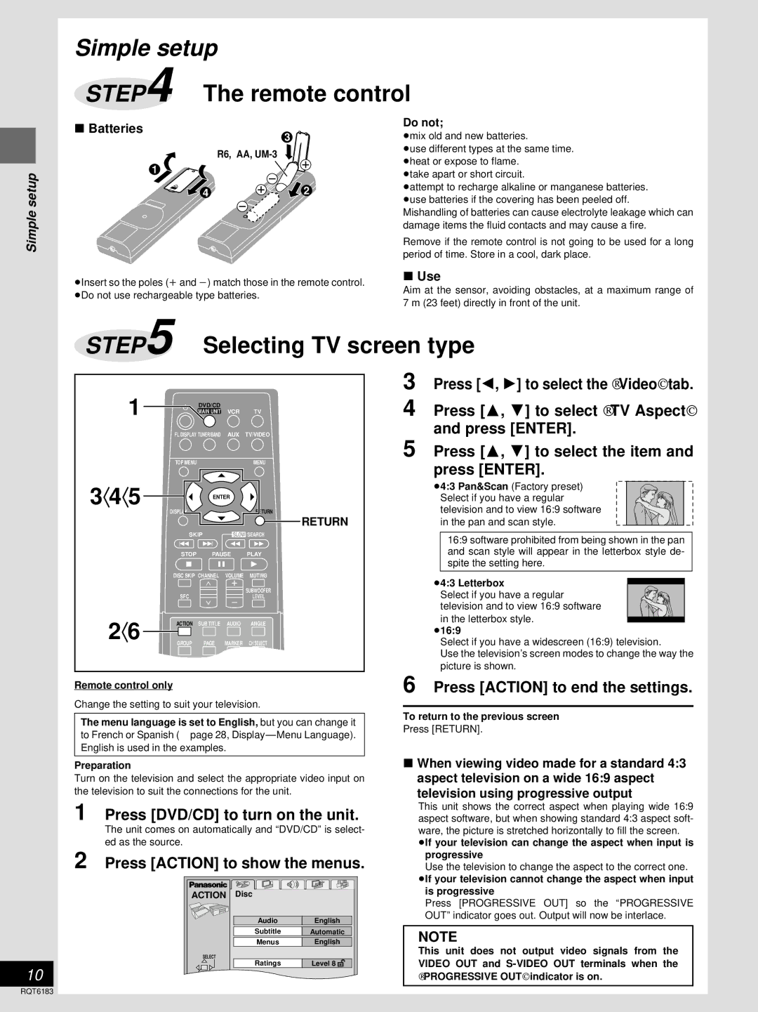 Panasonic SC-HT95 Press Action to end the settings, Press DVD/CD to turn on the unit, Press Action to show the menus 