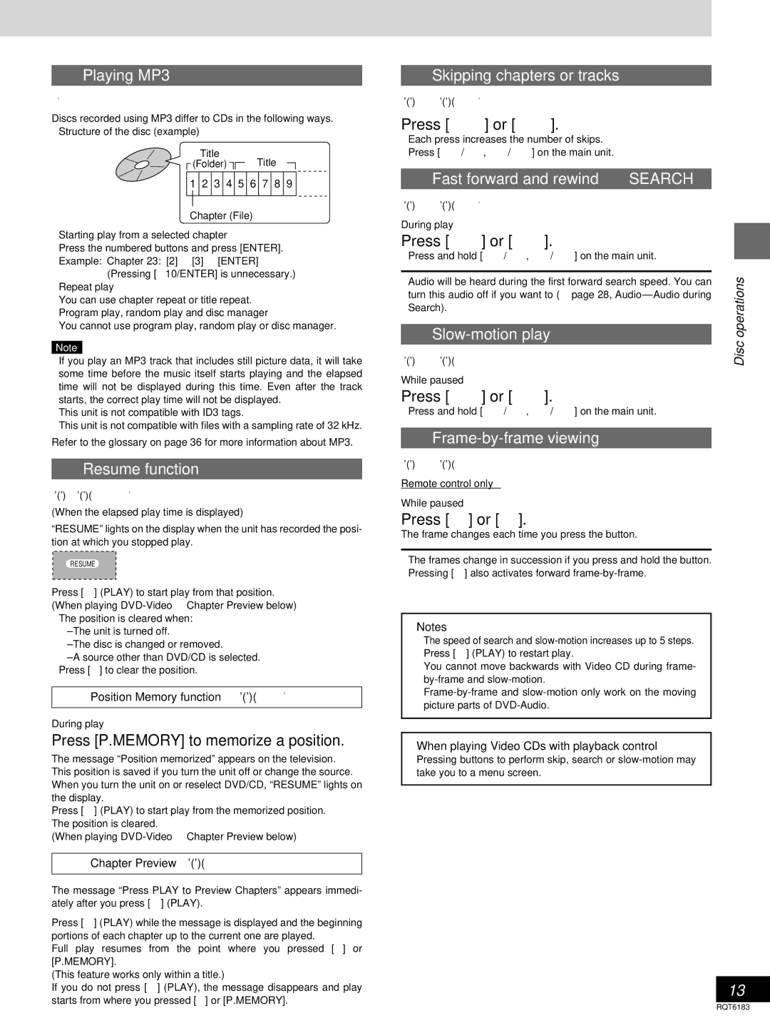 Panasonic SC-HT75, SC-HT95 Playing MP3, Resume function, Skipping chapters or tracks, Fast forward and rewind-SEARCH 