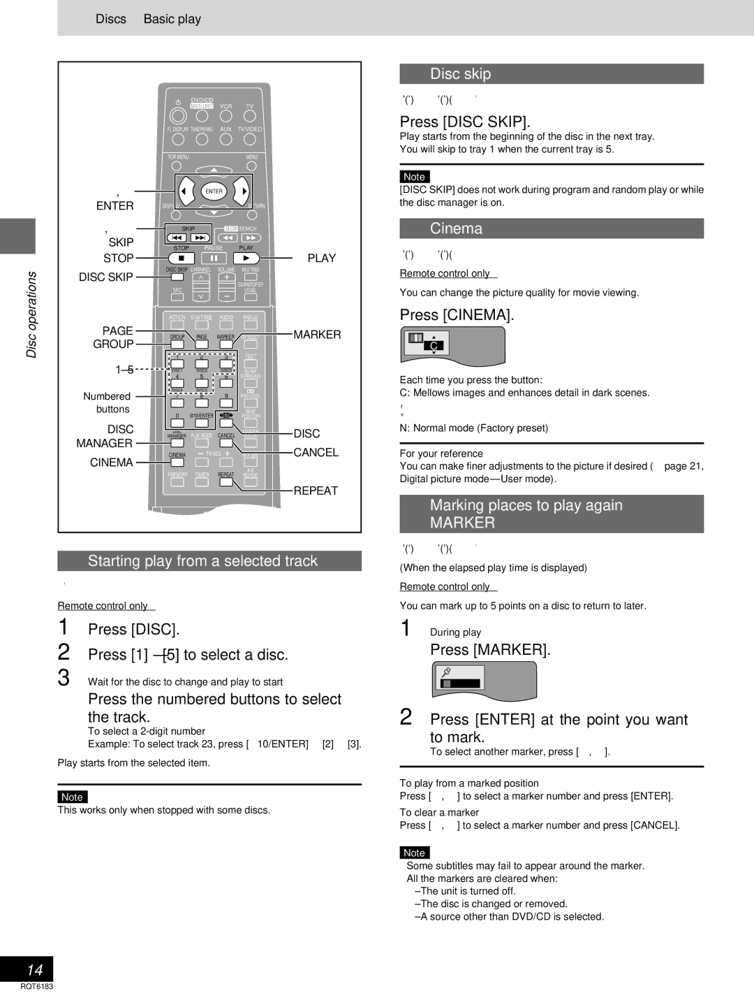 Panasonic SC-HT95, SC-HT75 warranty Starting play from a selected track, Disc skip, Cinema, Marking places to play again 