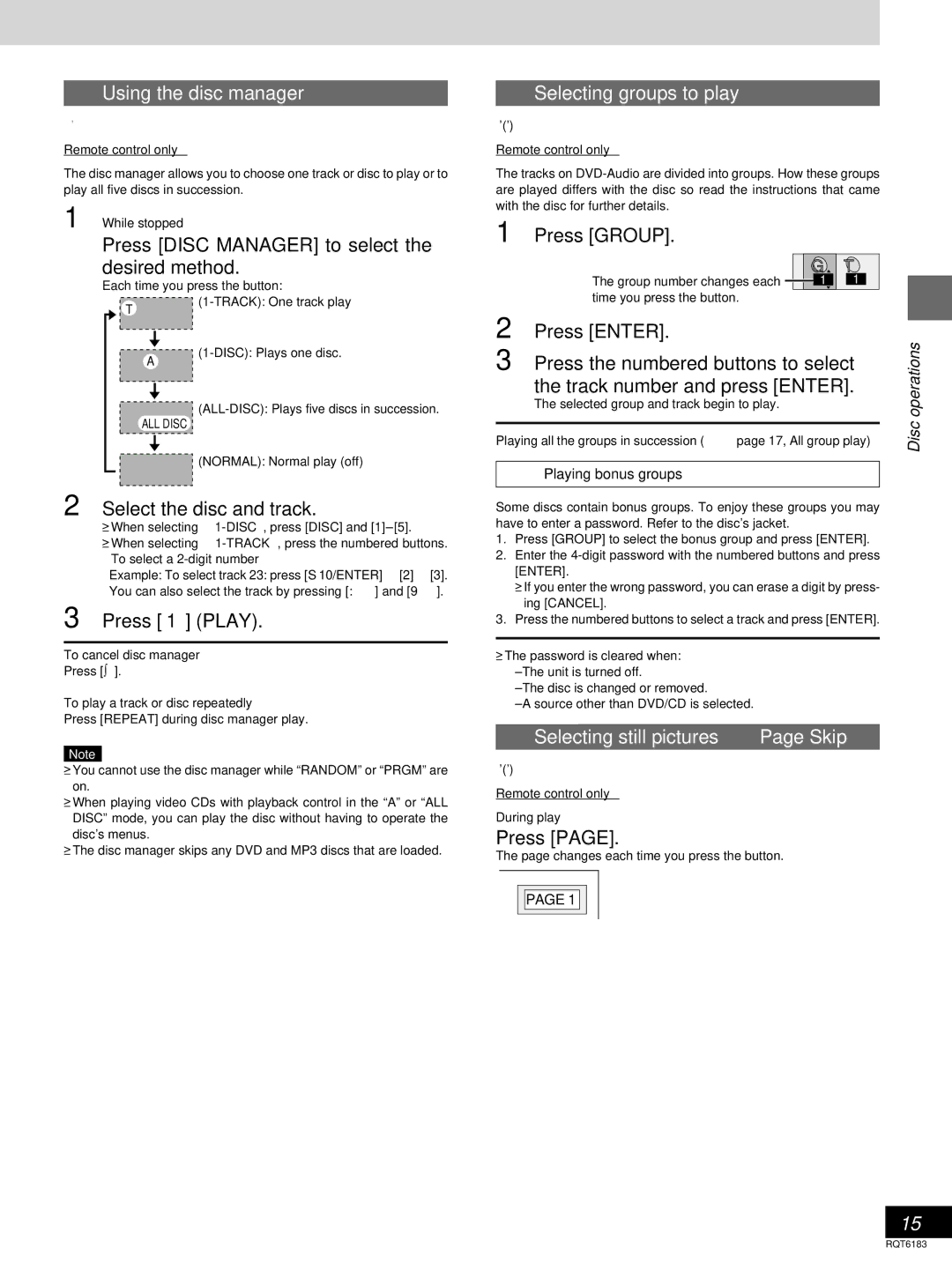 Panasonic SC-HT75, SC-HT95 warranty Using the disc manager, Selecting groups to play, Selecting still pictures-Page Skip 