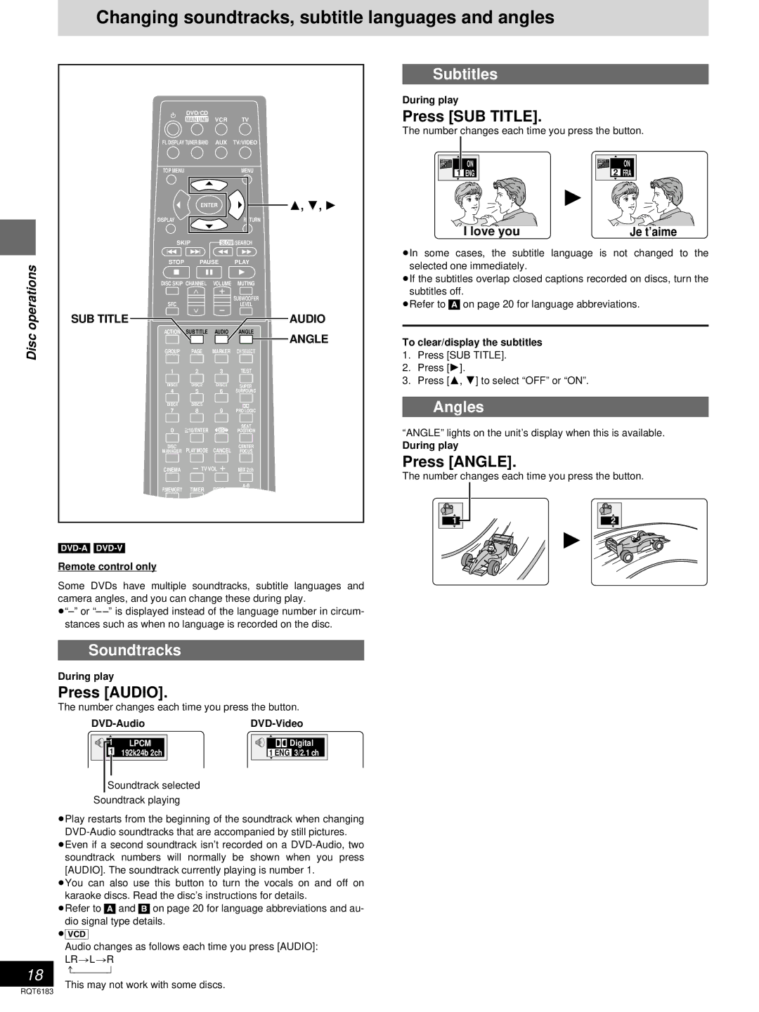 Panasonic SC-HT95, SC-HT75 warranty Changing soundtracks, subtitle languages and angles, Subtitles, Angles, Soundtracks 