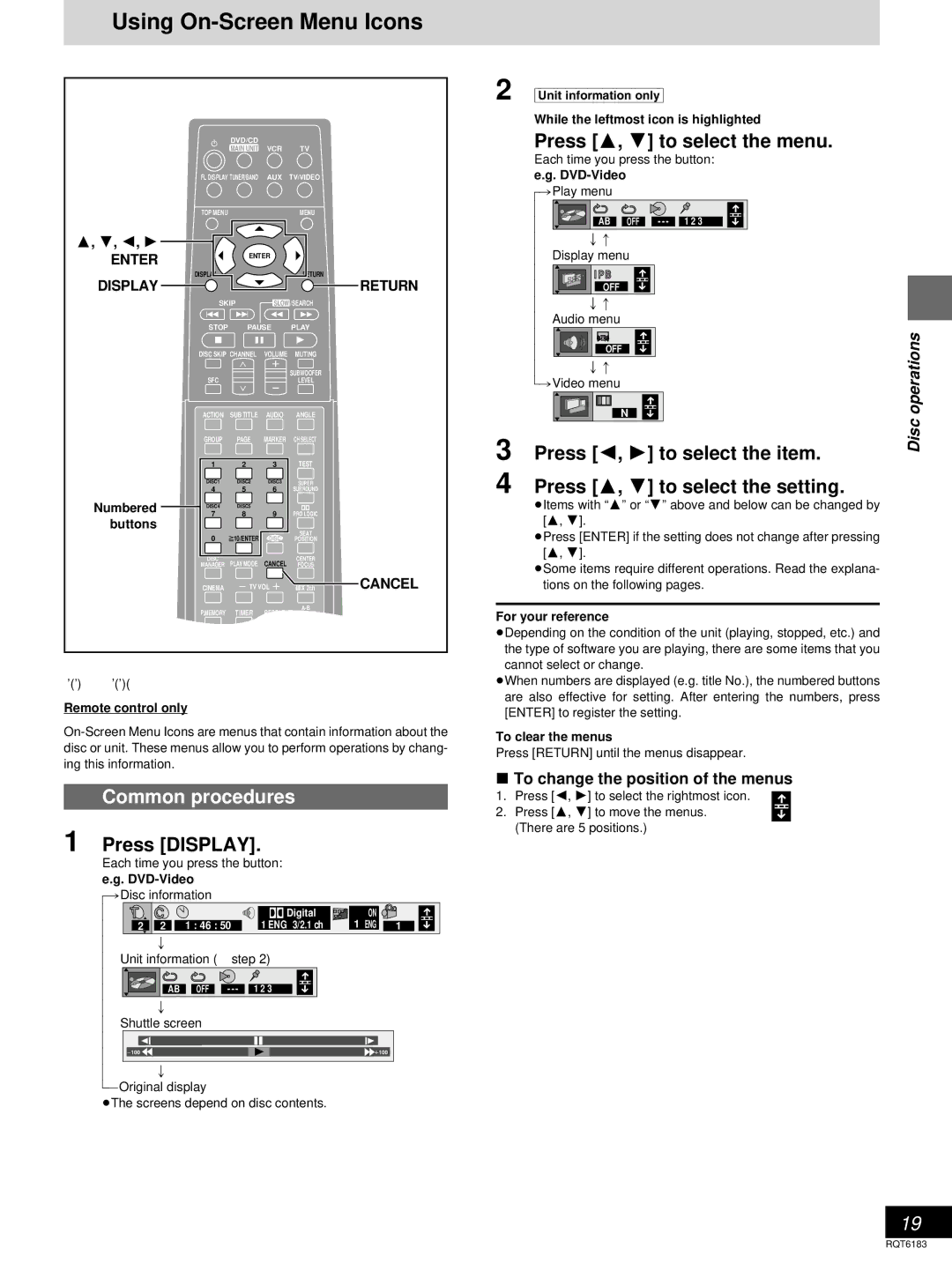 Panasonic SC-HT75, SC-HT95 Using On-Screen Menu Icons, Common procedures, Press Display, Press 3, 4 to select the menu 