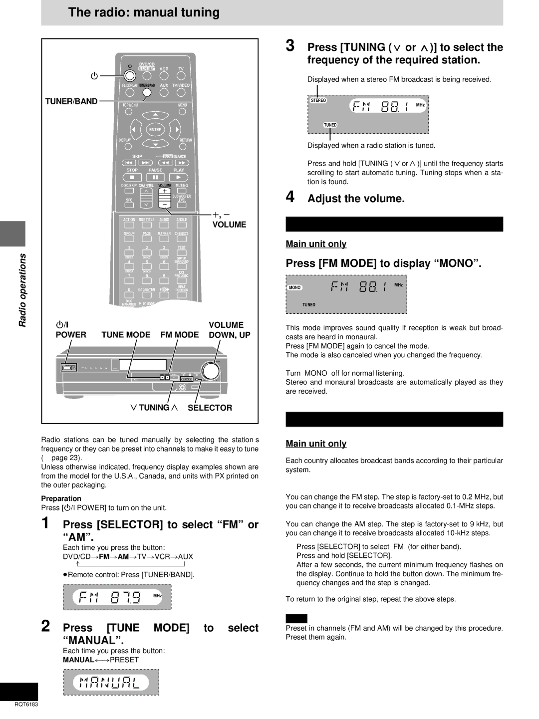 Panasonic SC-HT95, SC-HT75 warranty Radio manual tuning, Press FM Mode to display Mono, Press Selector to select FM or AM 