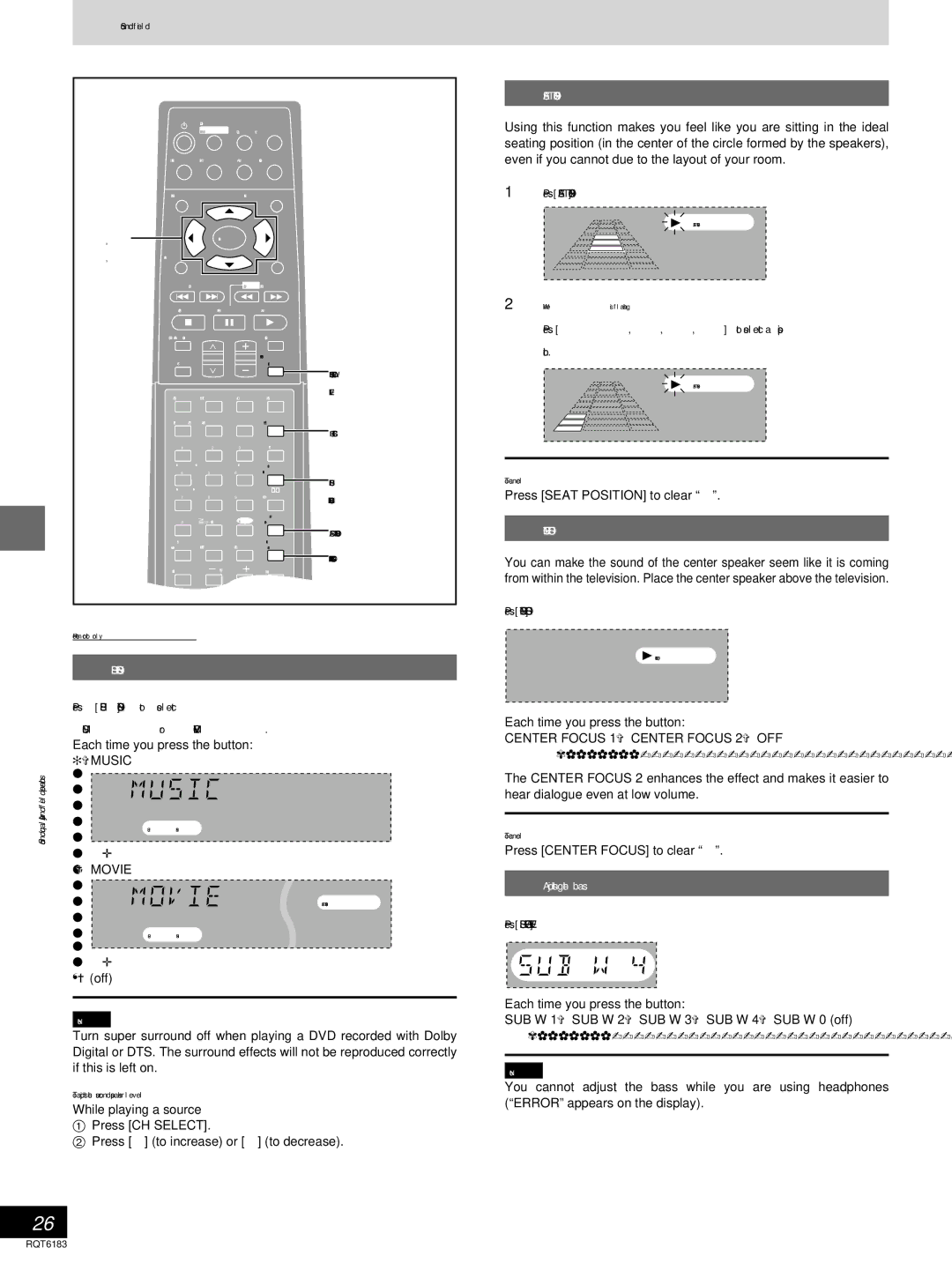 Panasonic SC-HT95, SC-HT75 warranty Press Super Surround to select, Music or Movie, Adjusting the bass 