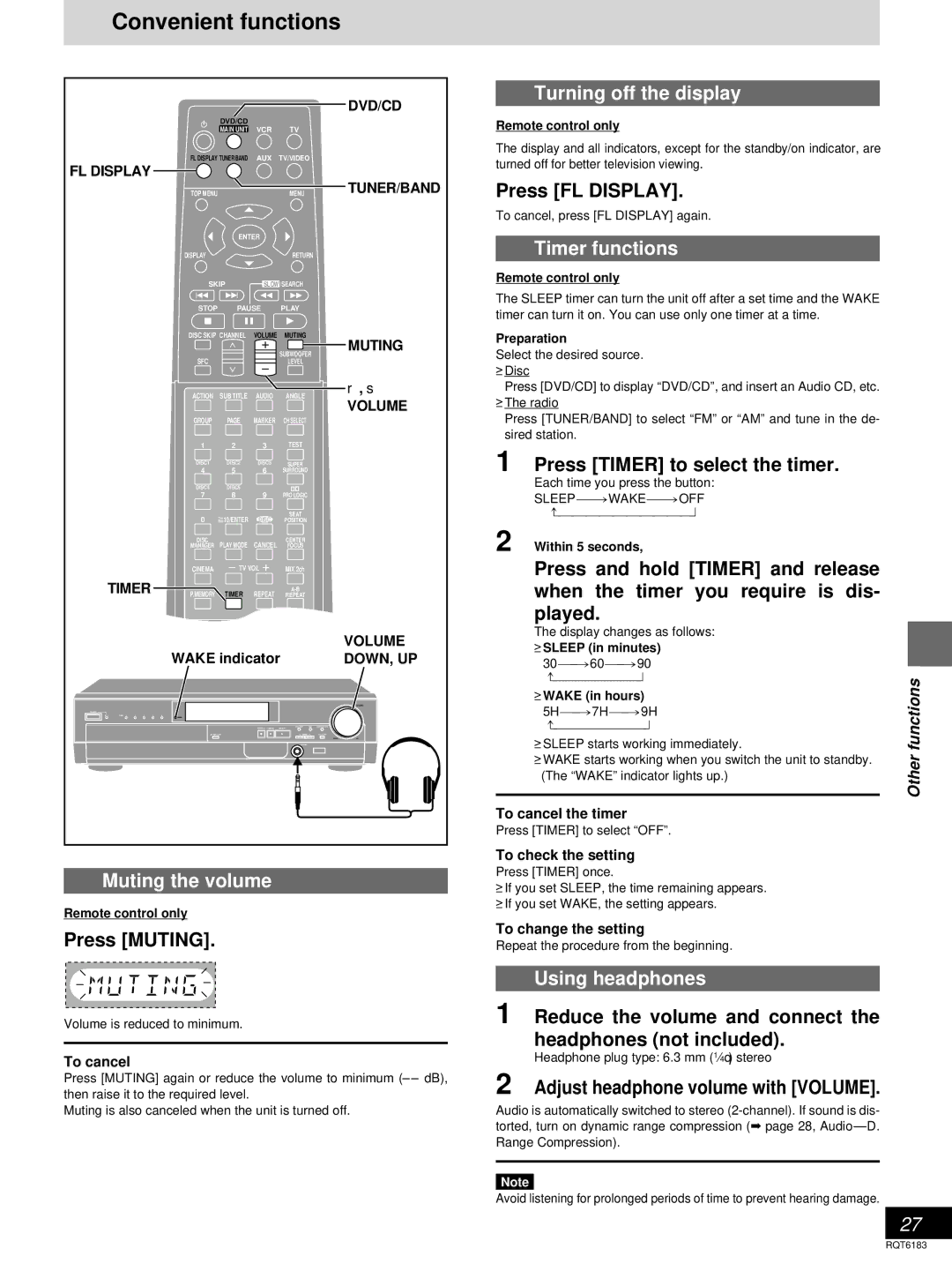 Panasonic SC-HT75 Convenient functions, Muting the volume, Turning off the display, Timer functions, Using headphones 