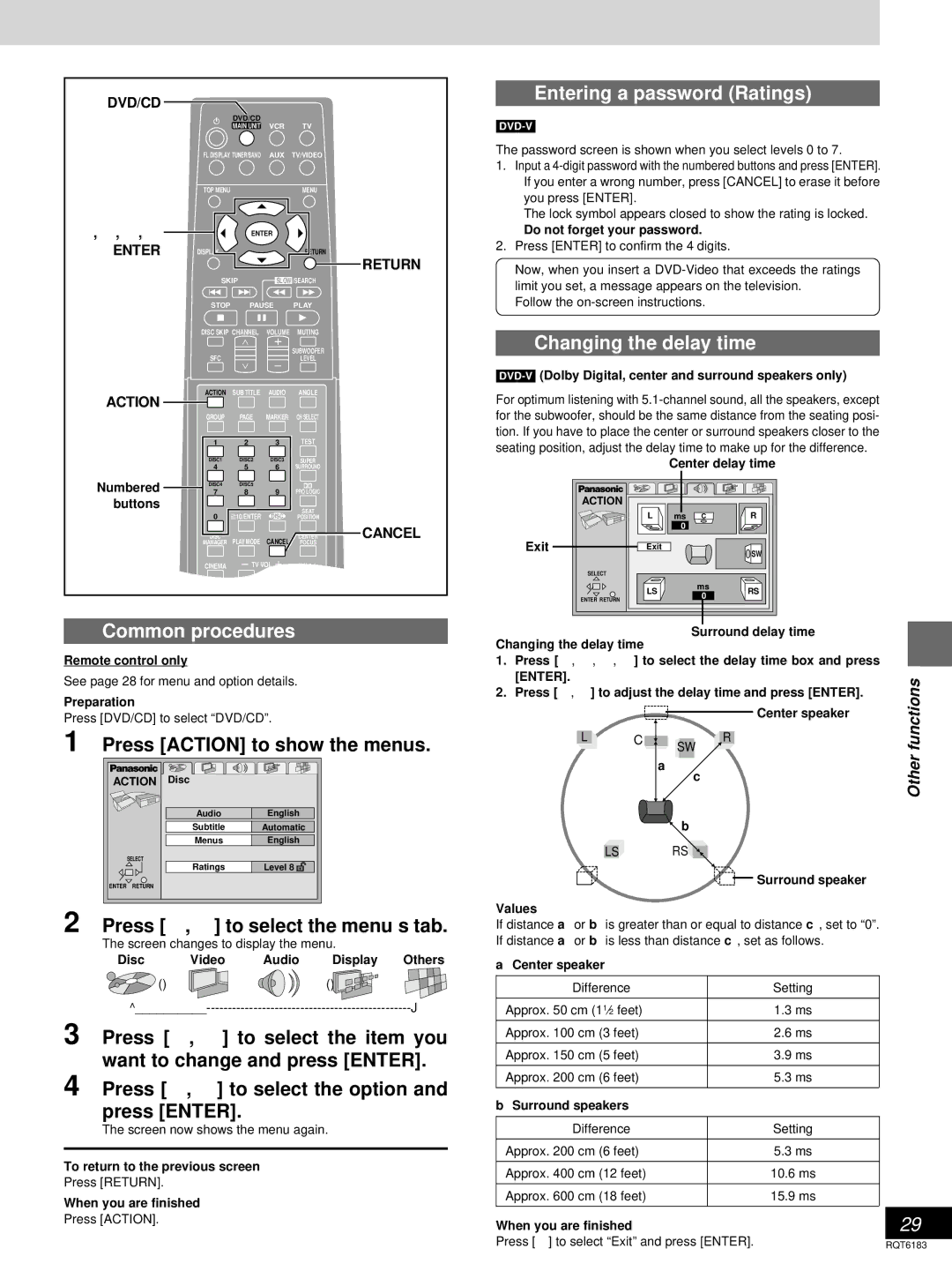 Panasonic SC-HT75 Entering a password Ratings, Changing the delay time, Press 2, 1 to select the menu’s tab, Return Cancel 