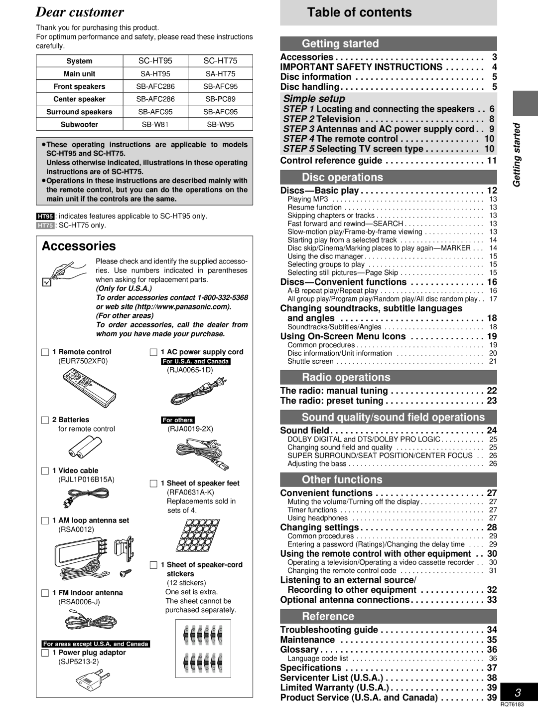 Panasonic SC-HT75, SC-HT95 warranty Accessories, Table of contents 