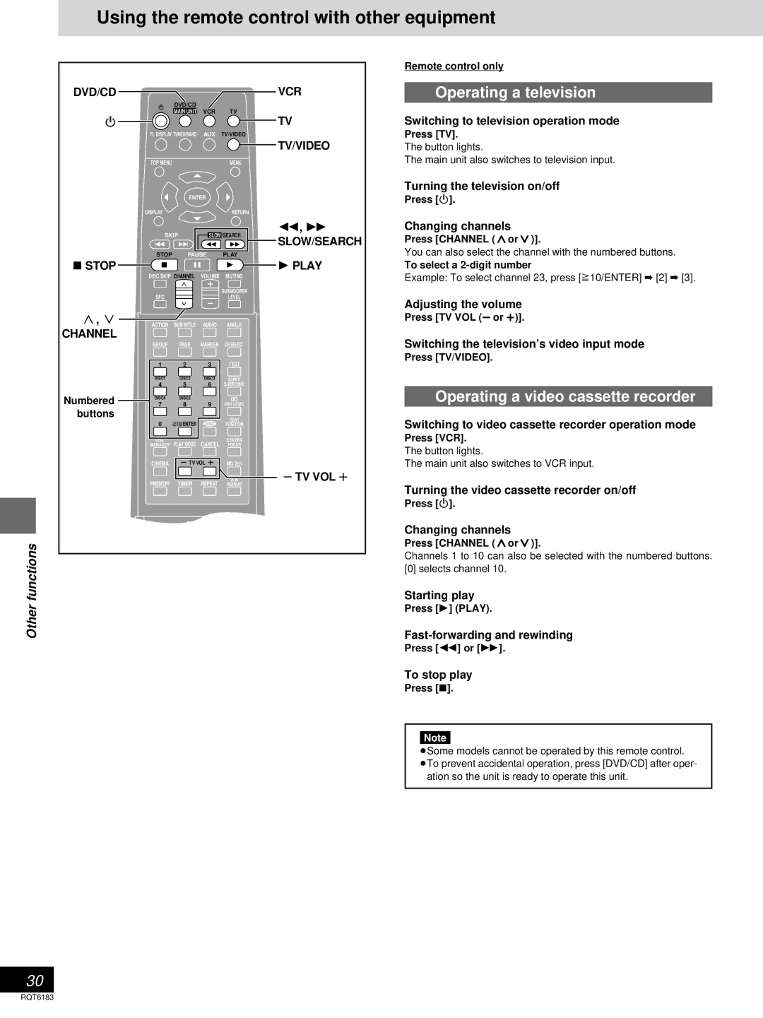 Panasonic SC-HT95, SC-HT75 warranty Using the remote control with other equipment, Operating a television 