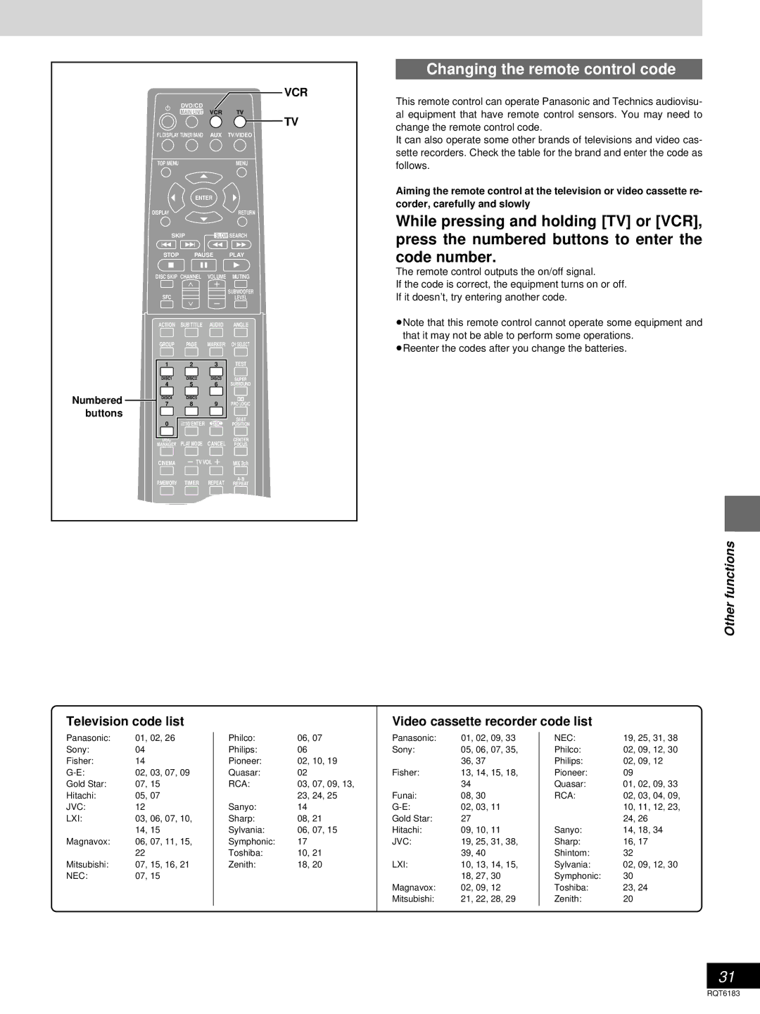 Panasonic SC-HT75, SC-HT95 Changing the remote control code, Television code list Video cassette recorder code list, Vcr 