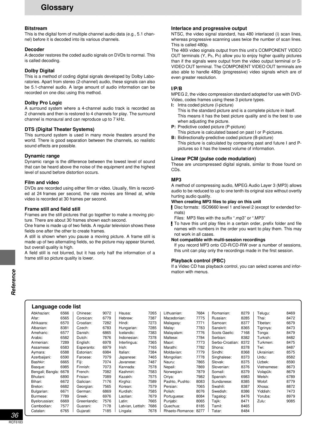 Panasonic SC-HT95, SC-HT75 warranty Glossary, Language code list, MP3 