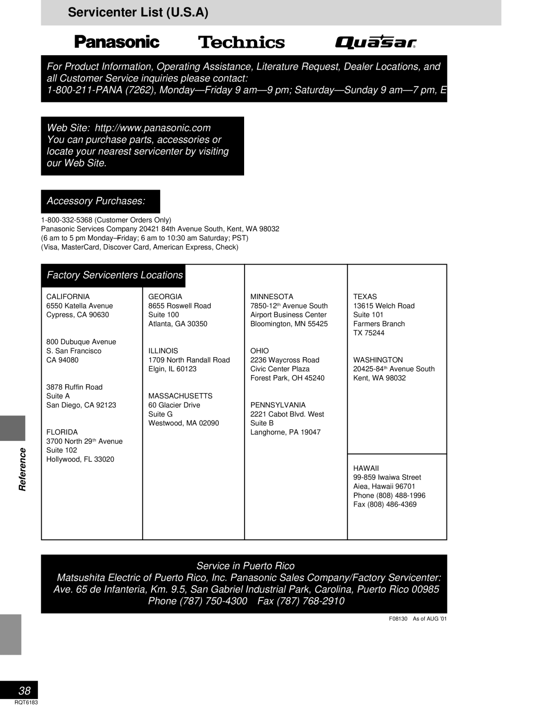 Panasonic SC-HT95, SC-HT75 warranty Servicenter List U.S.A, Customer Orders Only 