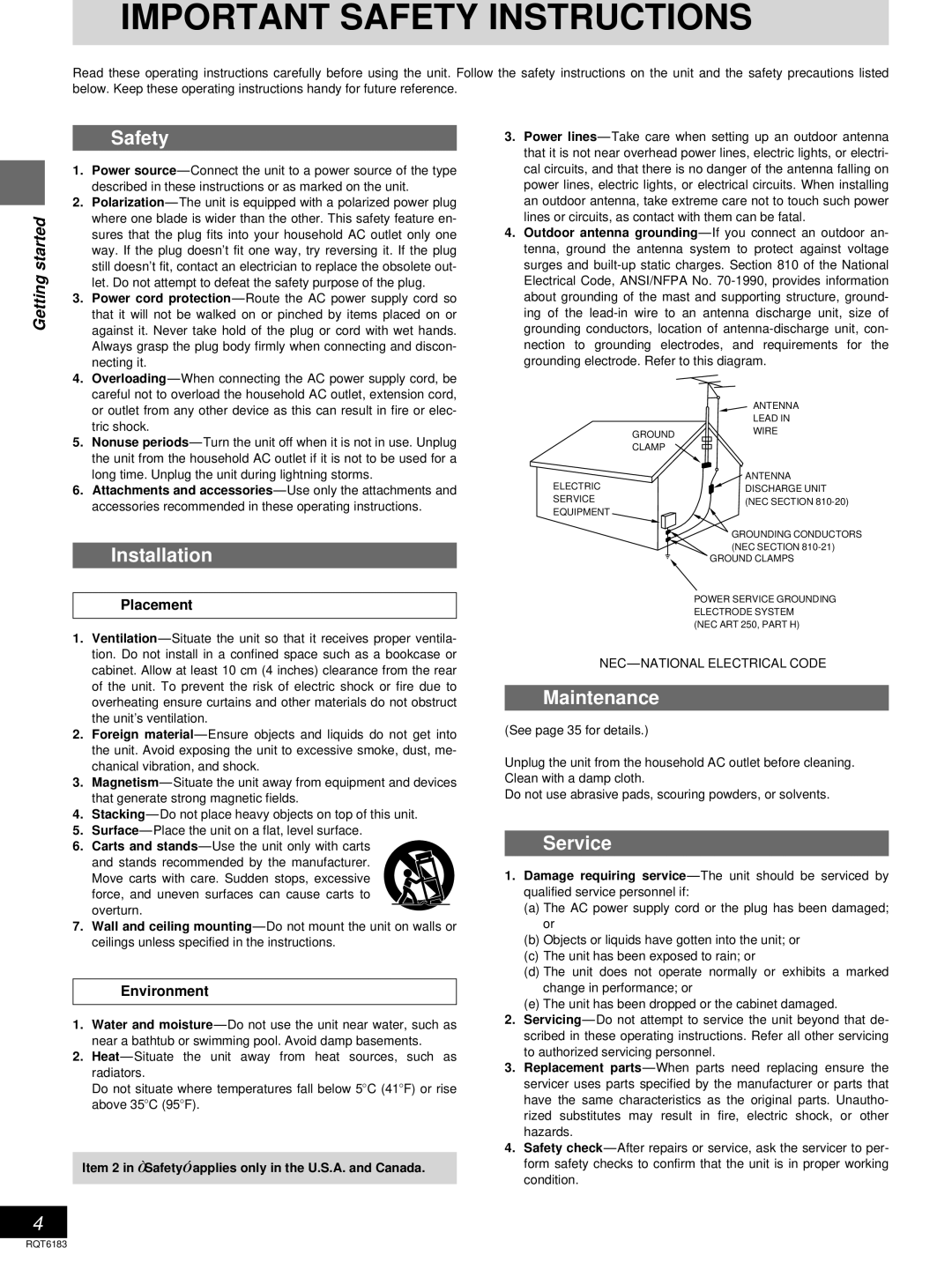 Panasonic SC-HT95, SC-HT75 warranty Safety, Installation, Maintenance, Service 