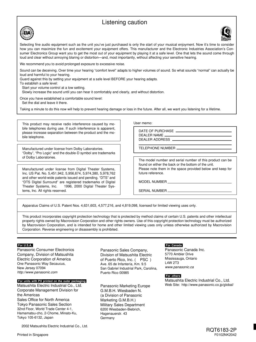 Panasonic SC-HT95, SC-HT75 warranty Listening caution, Puerto Rico, Inc. PSC, User memo, Ambler Drive 