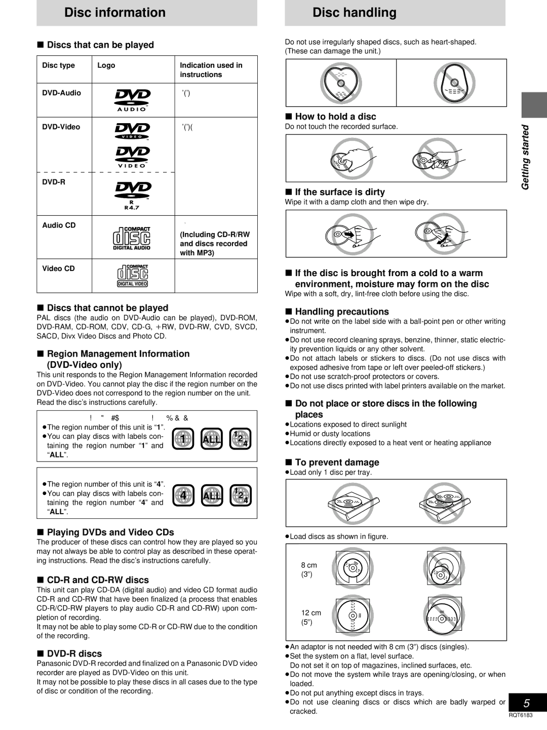 Panasonic SC-HT75, SC-HT95 warranty Disc information, Disc handling, Gettingstarted, If the surface is dirty 