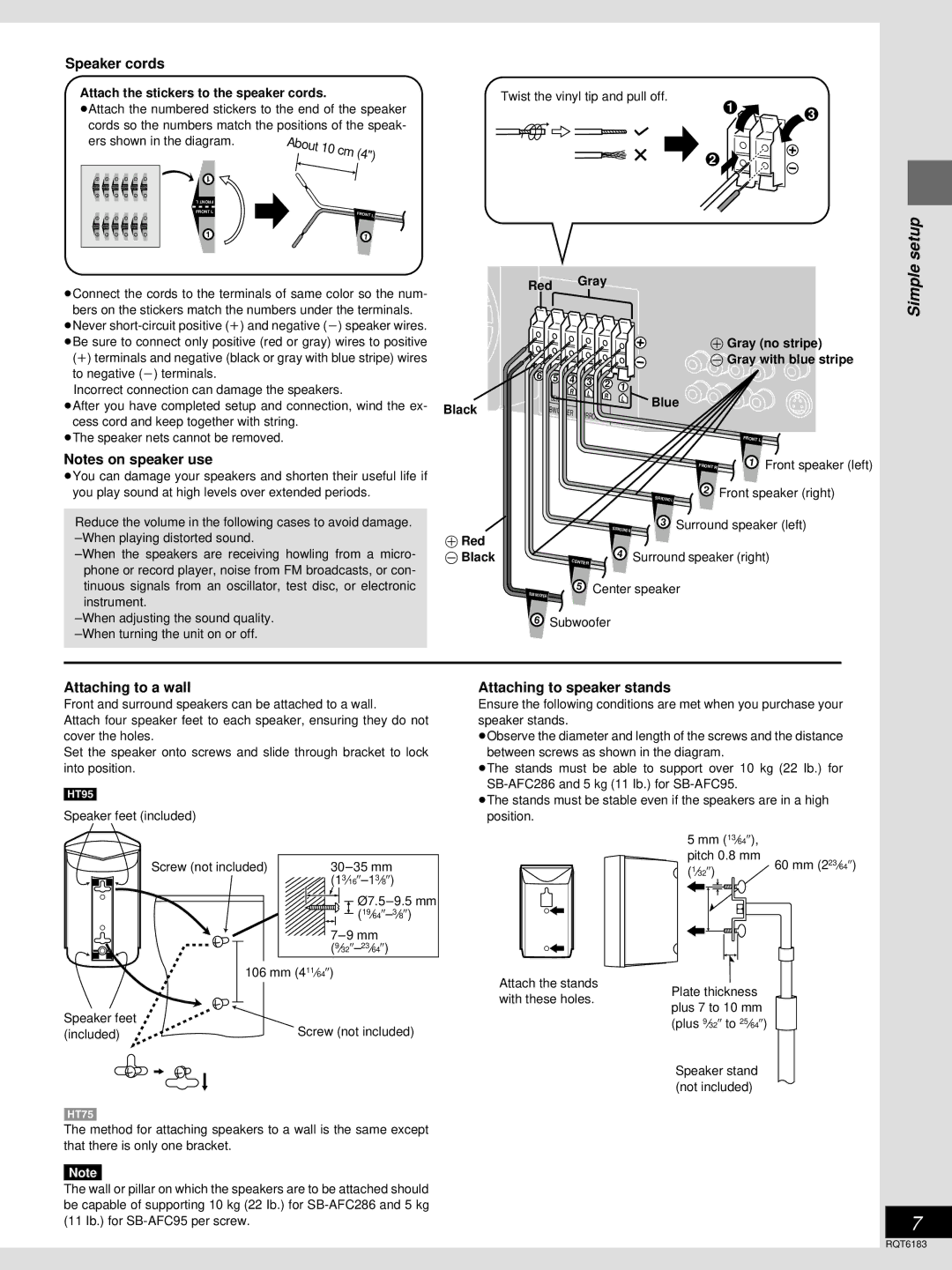 Panasonic SC-HT75, SC-HT95 warranty Speaker cords, About 10 cm, Attaching to a wall, Attaching to speaker stands 