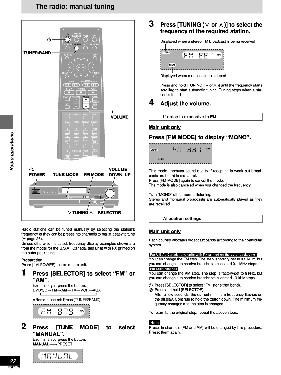 Panasonic SC-HT95 The radio manual tuning, Adjust the volume, Press FM MODE to display “MONO”, Radio, Tuner/Band, r, s 
