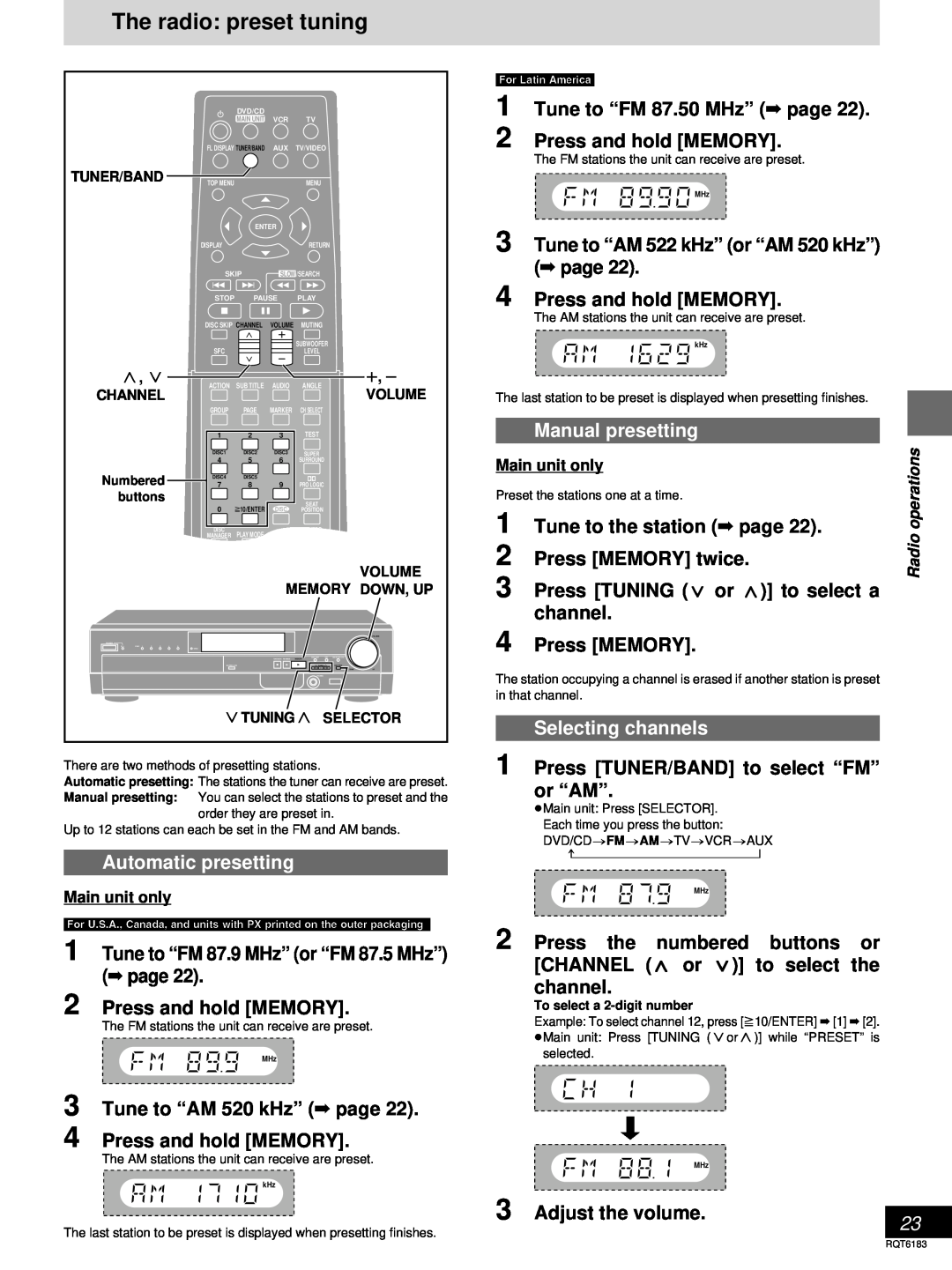 Panasonic SC-HT75 The radio preset tuning, Automatic presetting, Tune to “FM 87.9 MHz” or “FM 87.5 MHz” page, Press MEMORY 