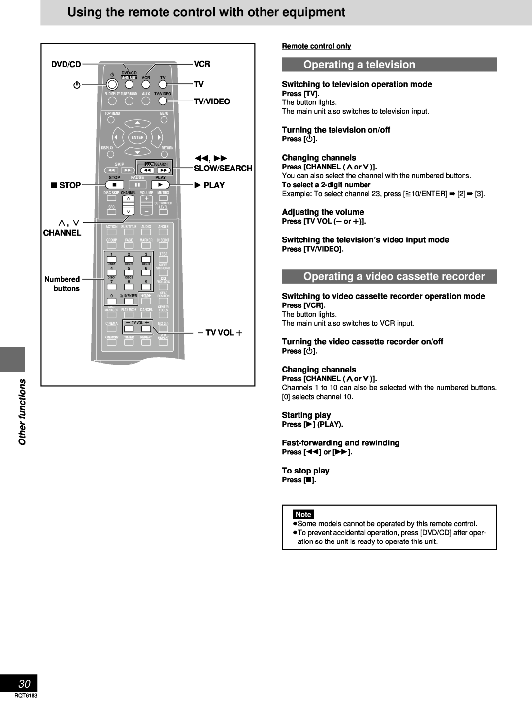 Panasonic SC-HT95 Using the remote control with other equipment, Operating a television, Other functions, Tv/Video, Play 