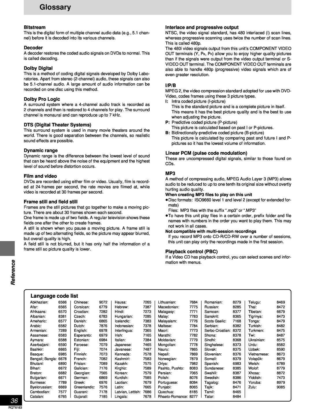 Panasonic SC-HT95, SC-HT75 warranty Glossary, Reference, Language code list 