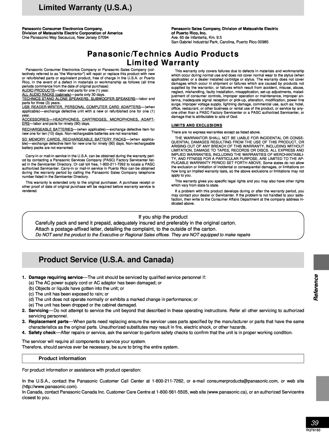 Panasonic SC-HT75 Limited Warranty U.S.A, Panasonic/Technics Audio Products, Product Service U.S.A. and Canada, Reference 