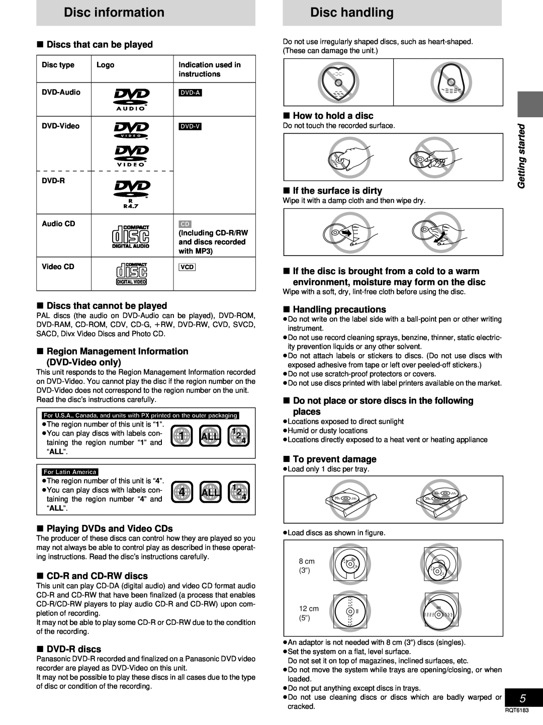 Panasonic SC-HT75, SC-HT95 warranty Disc information, Disc handling, Gettingstarted, If the surface is dirty 