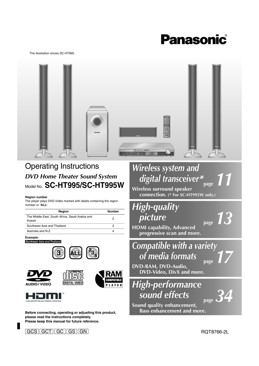 Panasonic operating instructions Illustration shows SC-HT995, Region number, Example Southeast\Asia\andThailand 