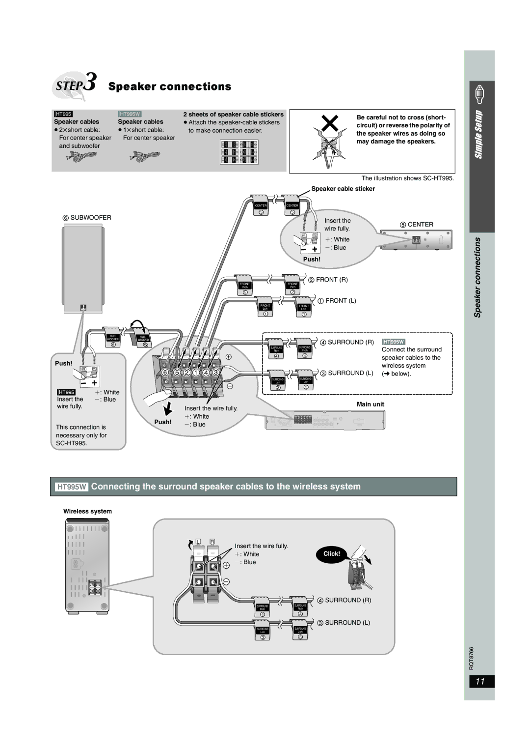 Panasonic SC-HT995W operating instructions Connections, Speaker cables, Speaker cable sticker 