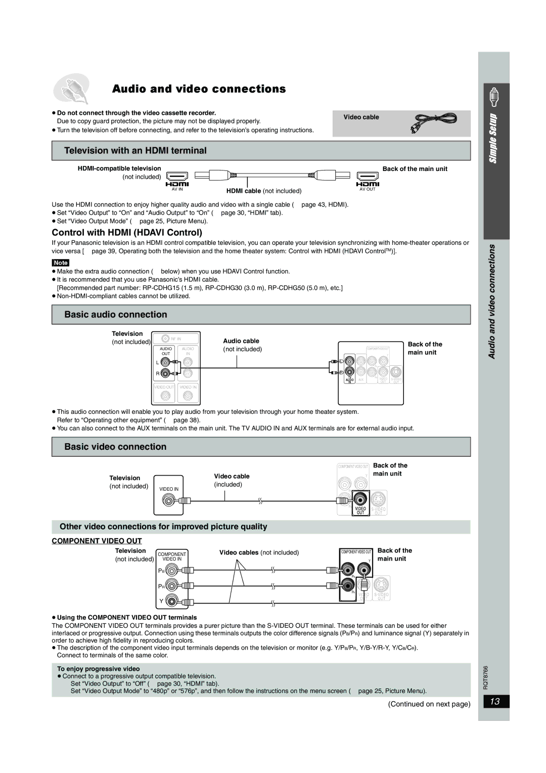 Panasonic SC-HT995W Other video connections for improved picture quality, Audio and video connections 