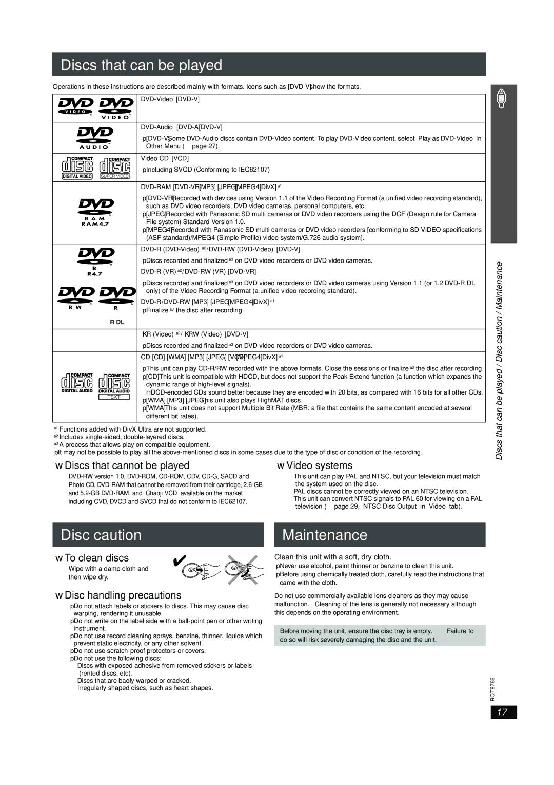 Panasonic SC-HT995 Discs that can be played, Disc caution Maintenance, Discs that cannot be played Video systems 