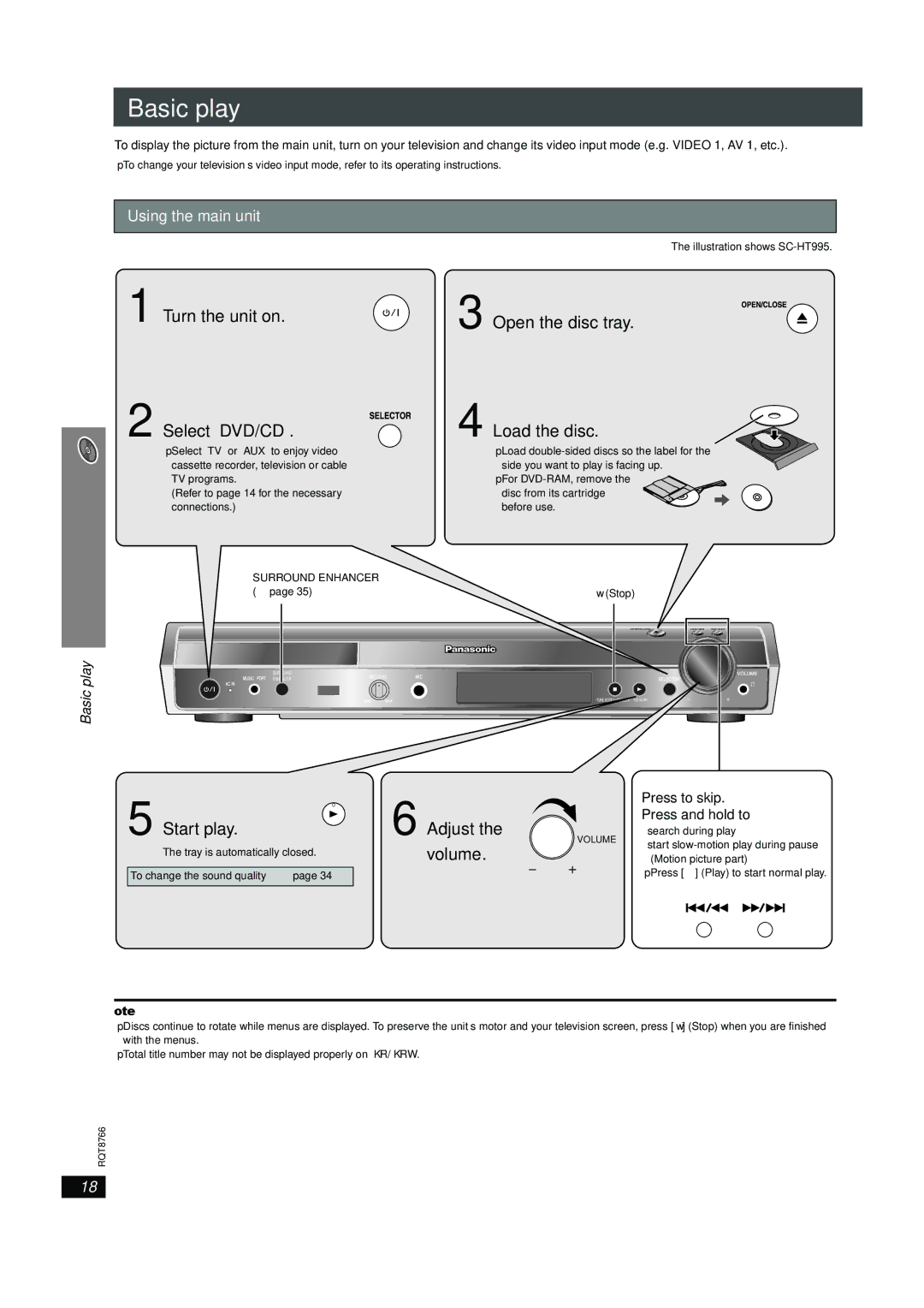 Panasonic SC-HT995W operating instructions Basic play, Using the main unit, Press to skip Press and hold to 