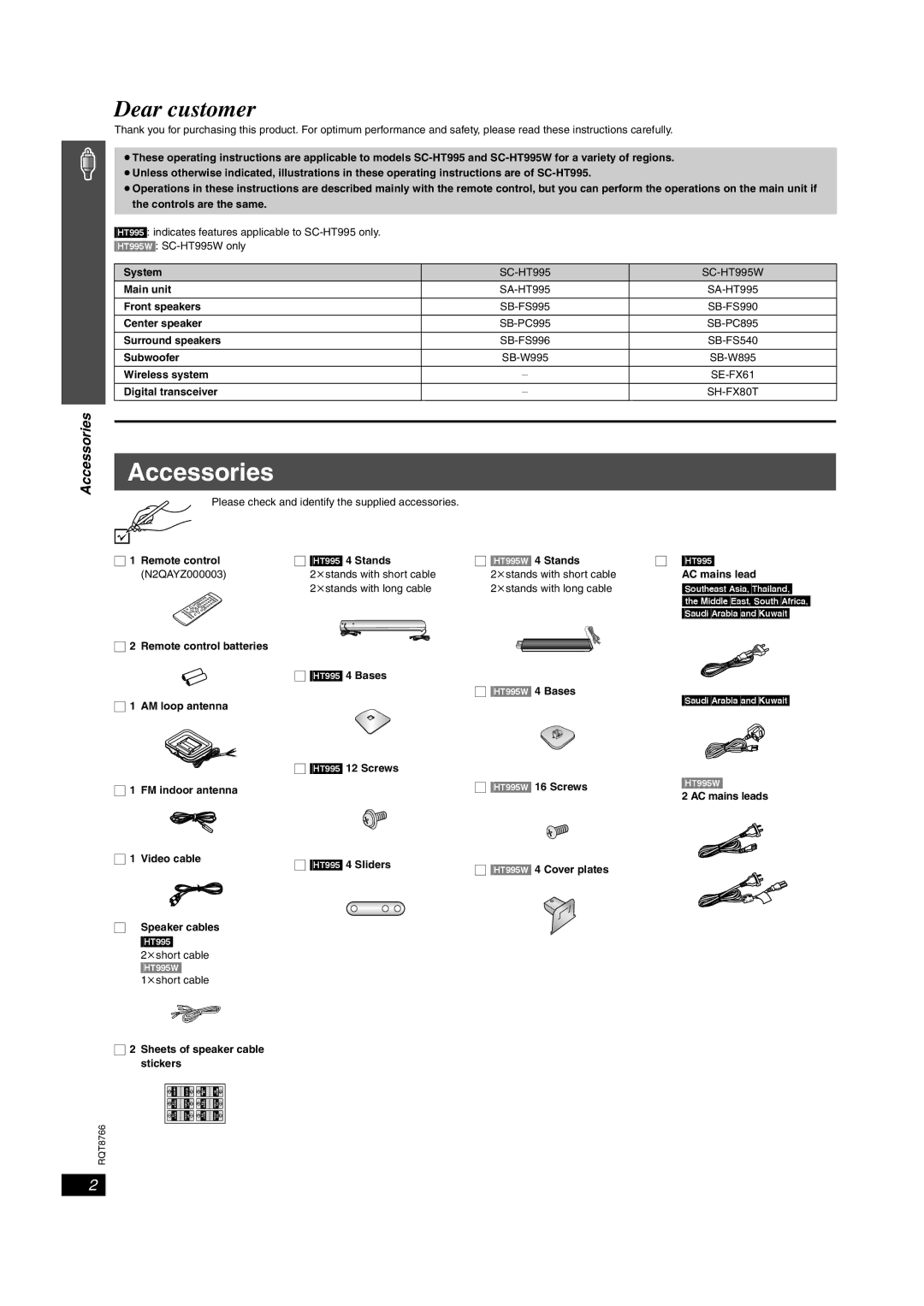 Panasonic SC-HT995W operating instructions Accessories 