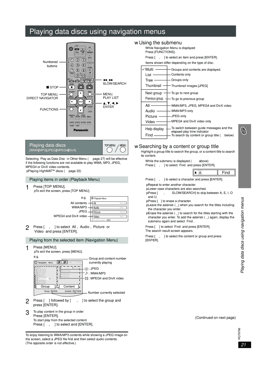 Panasonic SC-HT995 Playing data discs using navigation menus, Using the submenu, Searching by a content or group title 