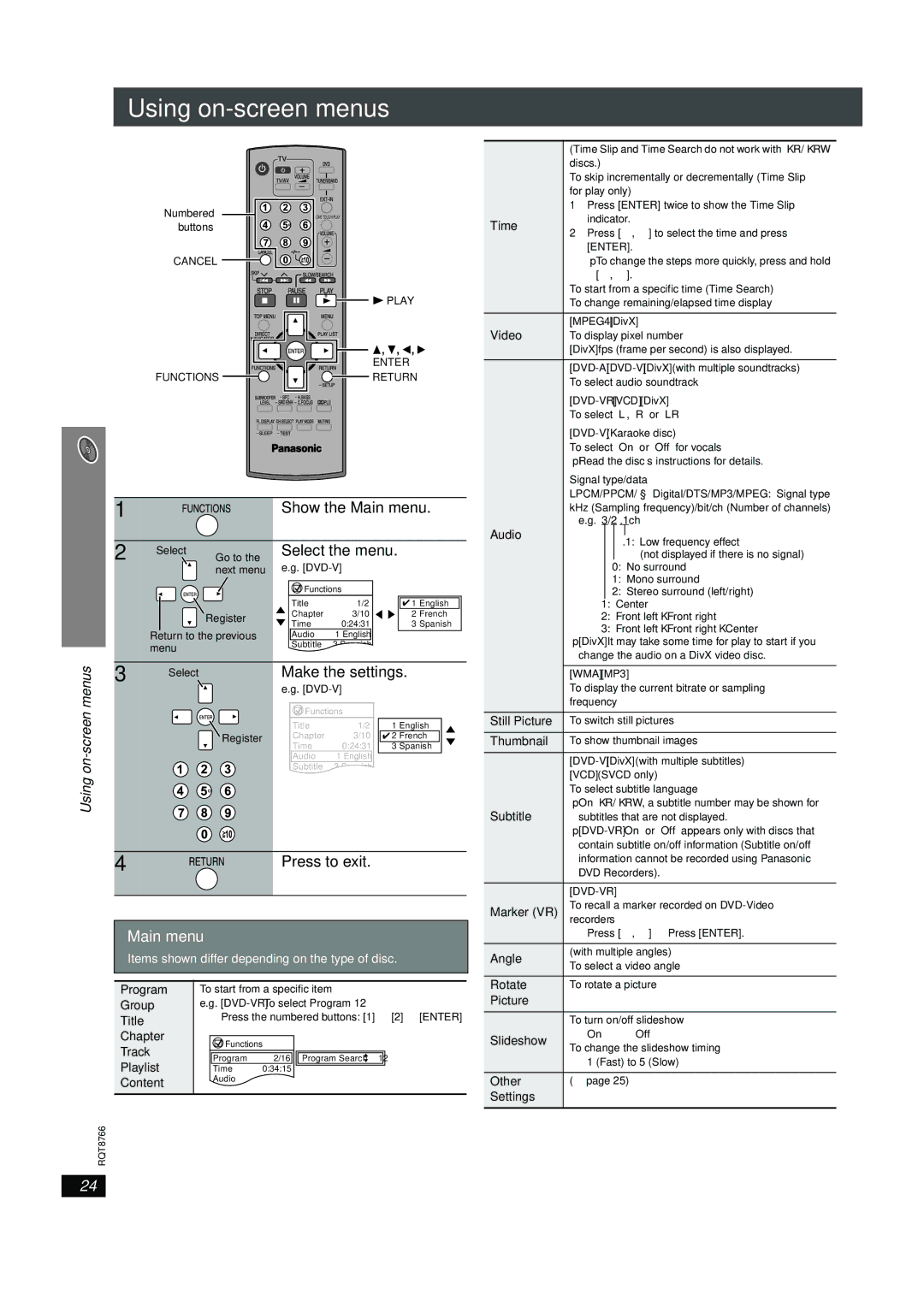 Panasonic SC-HT995W operating instructions Using on-screen menus, Main menu, Screen 