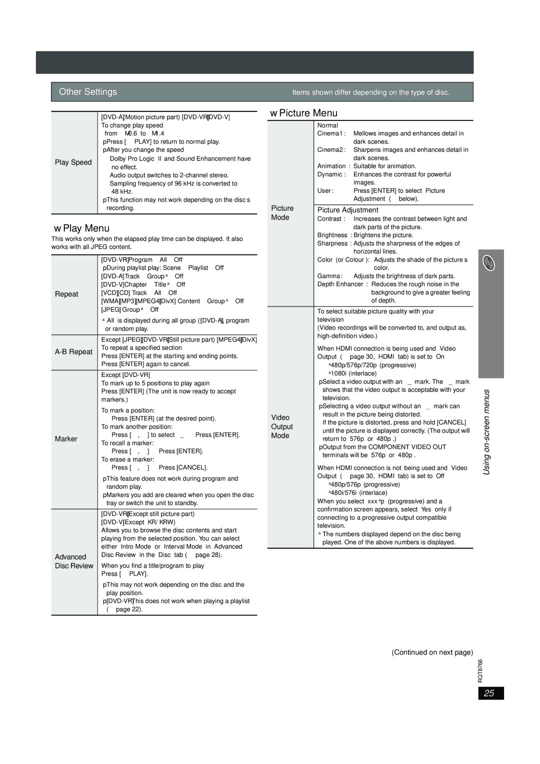 Panasonic SC-HT995W operating instructions Picture Menu, Play Menu, Other Settings, Using on-screen menus 